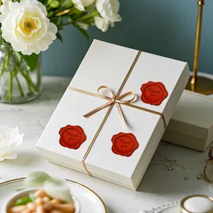 Detail shot of red wax seal stickers with Thank you text on a white gift box with gold ribbon.