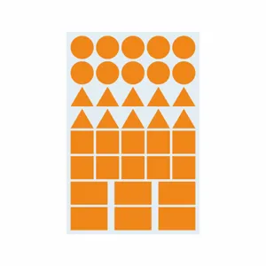 Orange geometric sticker sheet showing circles triangles squares details and shape patterns.