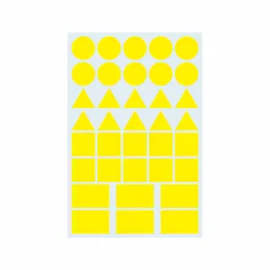 Yellow geometric stickers sheet, various shapes like circles, triangles, squares, crafts.