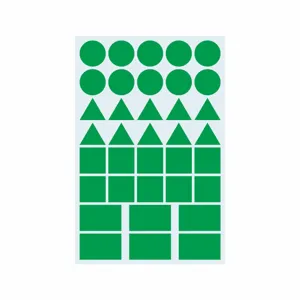 Detail view of green geometric stickers featuring circles, triangles, squares, and rectangles.