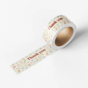 Detail shot of a floral thank you sticker roll for gift sealing and packaging decor
