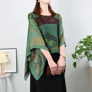 Women green silk imitation printed pullover sun protection cape stylish summer casual top