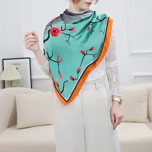 Elegant silk-feel square scarf with floral print and contrast border for women style