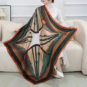 Elegant large square silk scarf featuring a classic belt and chain print design for women.