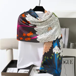 Elegante sciarpa di seta con stampa floreale da donna, foulard estivo lungo leggero, telo mare.