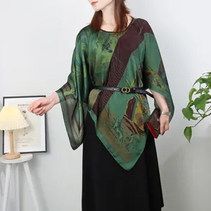 Green silk pullover shawl cape with vintage equestrian print loose large size elegant top