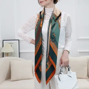 Elegant women large silk scarf with luxury chain and belt print design for daily chic wear.