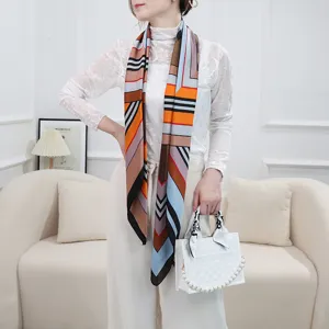Elegant geometric striped silk scarf for women, stylish spring and autumn neck accessory.