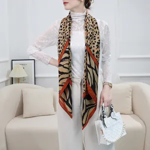 Luxury animal print large square scarf for women, elegant fashion silk feel neck scarf for daily wear.