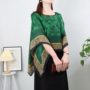 Summer women imitation silk green floral poncho shawl loose breathable sun protection top
