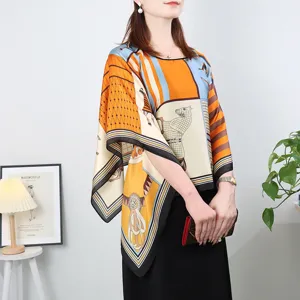 Women's silk-feel printed poncho top, stylish horse harness pattern sun protection blouse.