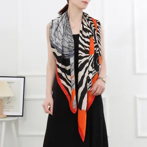 Women fashion large square silk scarf zebra feather print elegant wrap shawl 110cm