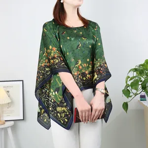 Women green silk poncho cape botanical animal print summer sun protection shawl top.