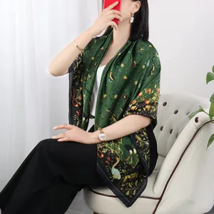Green floral print silk feel square scarf for women, elegant fashion shawl for spring.