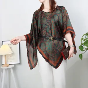 2024 new faux silk pullover shawl top retro paisley print oversized sun protection cape for women
