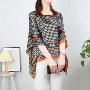 Women silk-like cape blouse summer loose sun protection shawl stylish printed oversized top