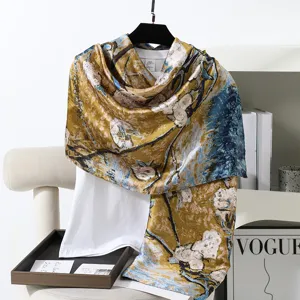 Lunga sciarpa in seta con stampa artistica retrò per donna, elegante scialle solare.