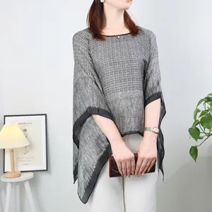 Women loose silk-like cape pullover top summer lightweight sun protection shawl shirt