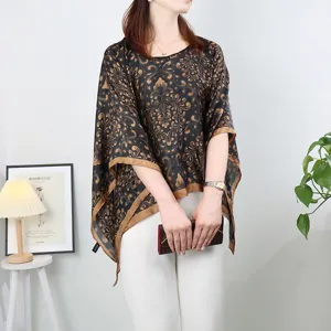Women vintage baroque print silk poncho loose summer sun protection cape shawl top blouse
