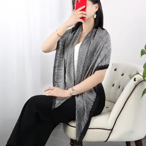 Black and white geometric patterned fashion silk-like large shawl scarf for women.