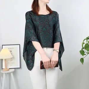 Women's silk-like cape blouse summer loose sun protection vintage print pullover top