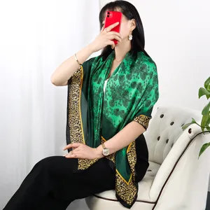 Elegant green floral silk scarf for women, large square satin wrap for spring and autumn.