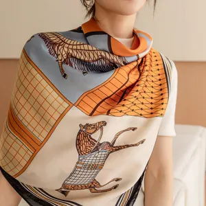 Elegant equestrian printed silk square scarf for women, classic fashion accessory.