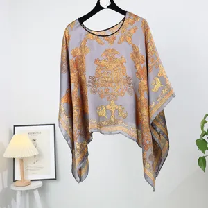 Women's silk-like sun protection poncho shawl, elegant grey gold baroque print loose cape top