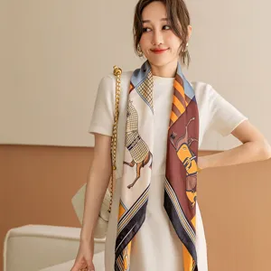 Elegant women imitation silk square scarf with classic equestrian print, chic fashion accessory.