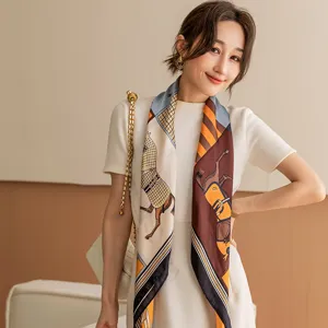 Elegant women square silk scarf with classic horse harness print stylish neckerchief accessory