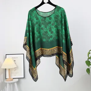 Green floral print sheer poncho shawl loose summer sun protection cape with leopard border