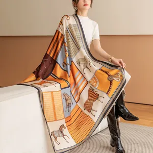 Women Large Square Scarf Fashion Satin Polyester Printed Vintage Floral Neck Scarf Elegant Shawl Head Wrap