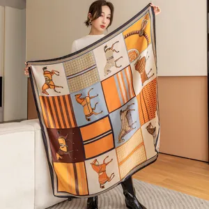 Elegant women's large square silk scarf featuring vintage horse print for daily wear.