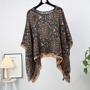 Black gold baroque print silk shawl cape, loose summer sun protection cover up for women.