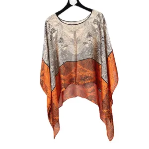 Women luxury style silk feel printed poncho elegant sun protection shawl loose cape top