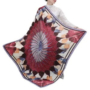 Women large square silk scarf vintage floral camellia print fashion shawl elegant wrap 90cm