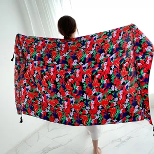 Floral print beach scarf shawl, colorful ethnic style summer sun protection wrap for women.
