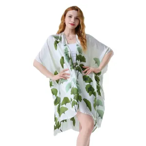 Kimono da spiaggia verde con stampa di foglia di ginkgo da donna scialle parasole estivo