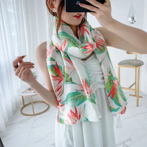 Women's tropical floral print scarf with tassels summer beach shawl lightweight wrap