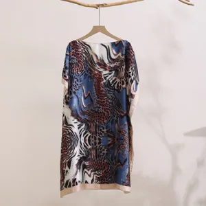 Summer abstract print chiffon beach cover-up shawl, elegant loose oversized kaftan top.