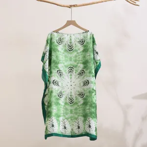 Green tie-dye sun protection clothing, loose off-shoulder imitation silk shawl for summer women.