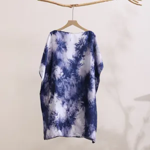 Blue and white tie-dye kimono sun protection shawl lightweight summer beach cover-up top.