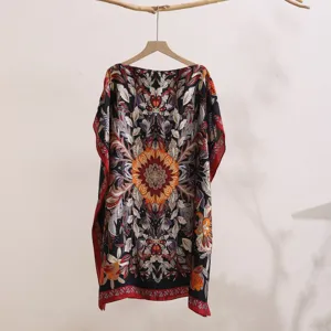 Women ethnic print poncho summer sun protection cover up stylish beach shawl top