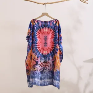 Summer tie-dye loose beach sunscreen shawl, stylish off-shoulder kimono cover-up coat.