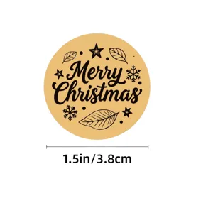 Close-up detail of round vintage kraft Christmas sticker featuring festive holiday elements.