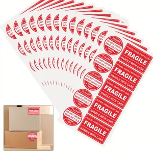 Red fragile warning stickers, self-adhesive shipping labels for mailing parcels, 100pcs pack.