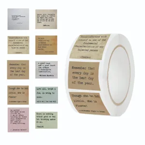 English quote sticker roll detail showing retro literary quotes and typewriter font designs.