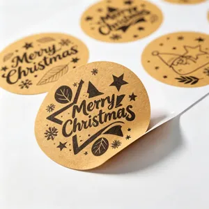 Retro round kraft paper Christmas stickers, Merry Christmas gift box sealing labels.
