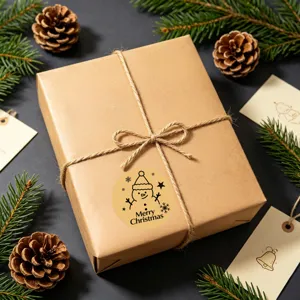 Detail view of retro kraft paper Christmas sticker featuring a cute snowman design for gift wrapping.
