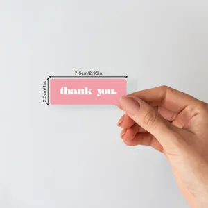 Pink rectangular thank you sticker with clear size display for gift and box decoration.